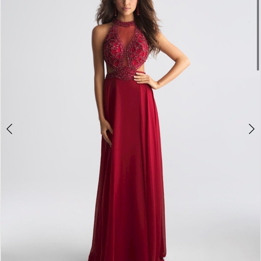 Madison James Red Embellished Halter Gown